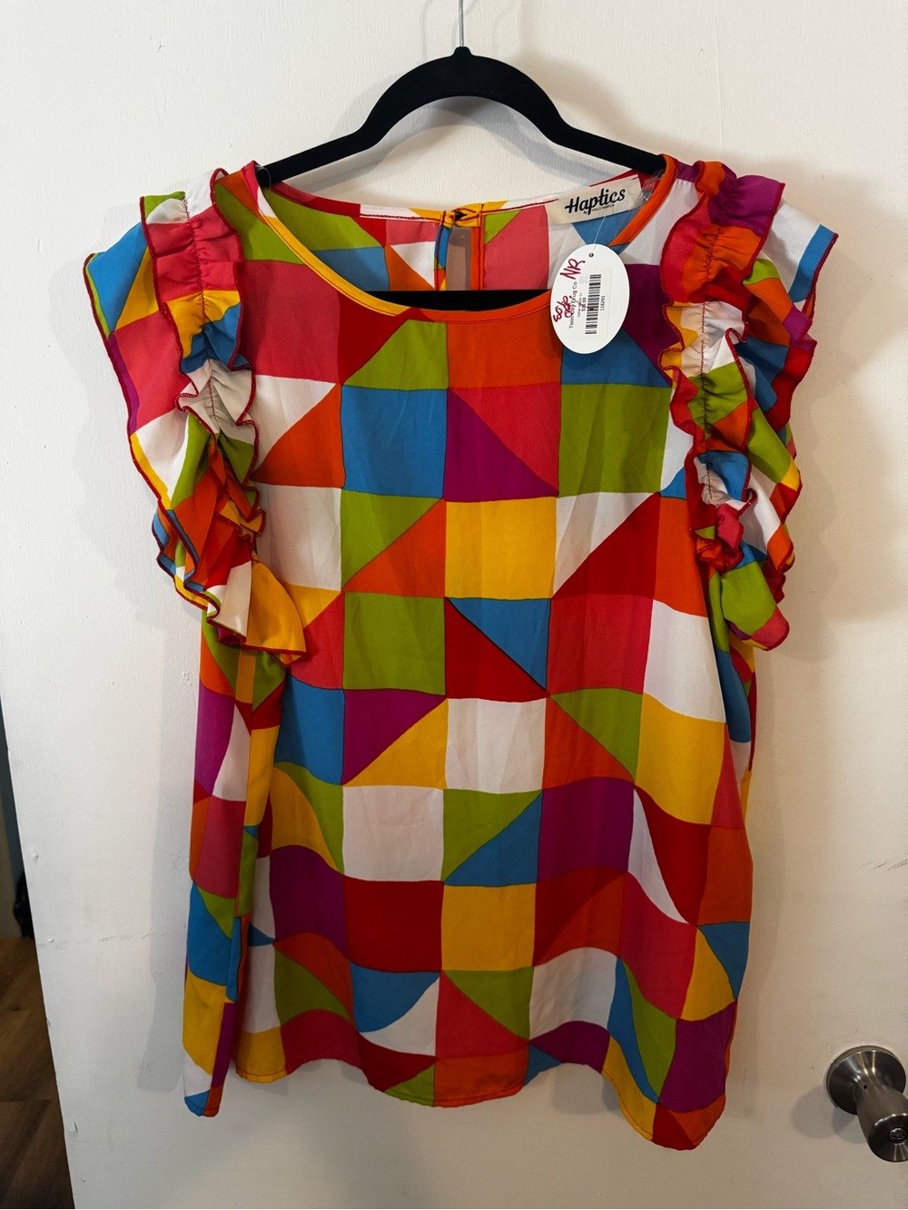 Haptics Multicolor Geometric Ruffle Sleeve Blouse - Size 1X - New With Tags